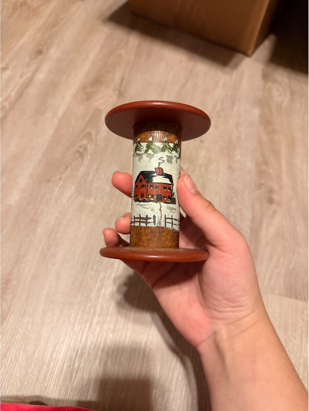 Vintage Hand-Painted Wooden Spool with Scenic Design